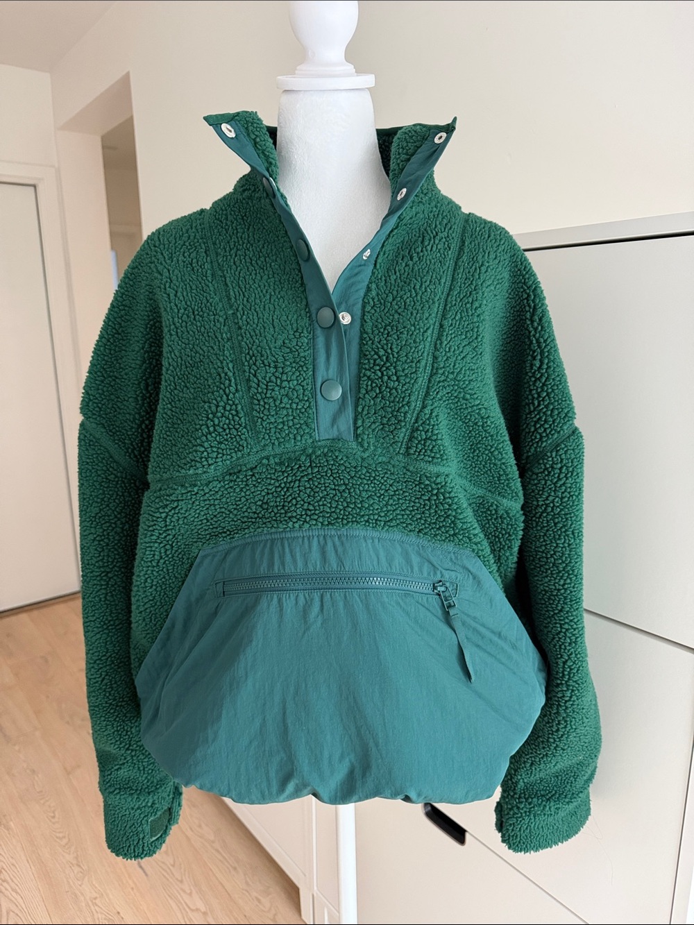 Deep Green Sherpa Pullover with Front Pocket